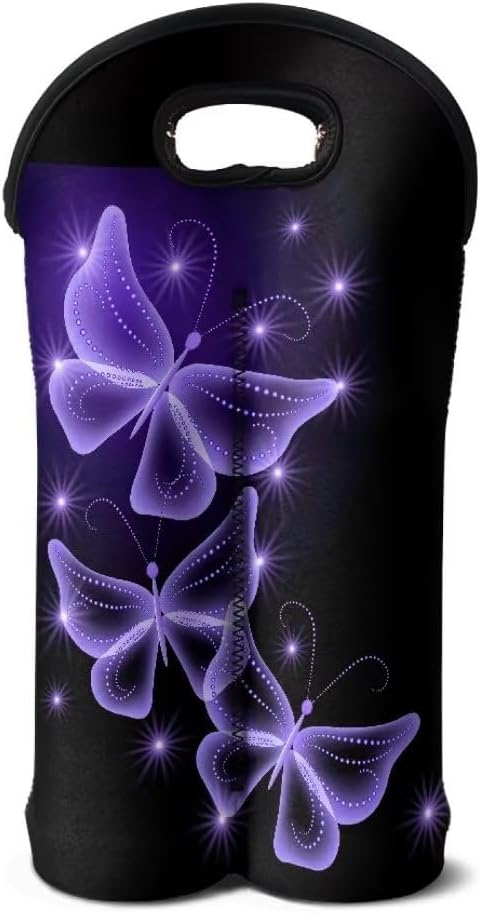 doginthehole Butterfly Wine Carrier Tote Bag 2 Bottle Pockets Insulated Neoprene Wine/Water Bottle Holder for Travel with Secure Carry Handle, Portable Wine Carrying Bag Gift for Women Wine Lovers