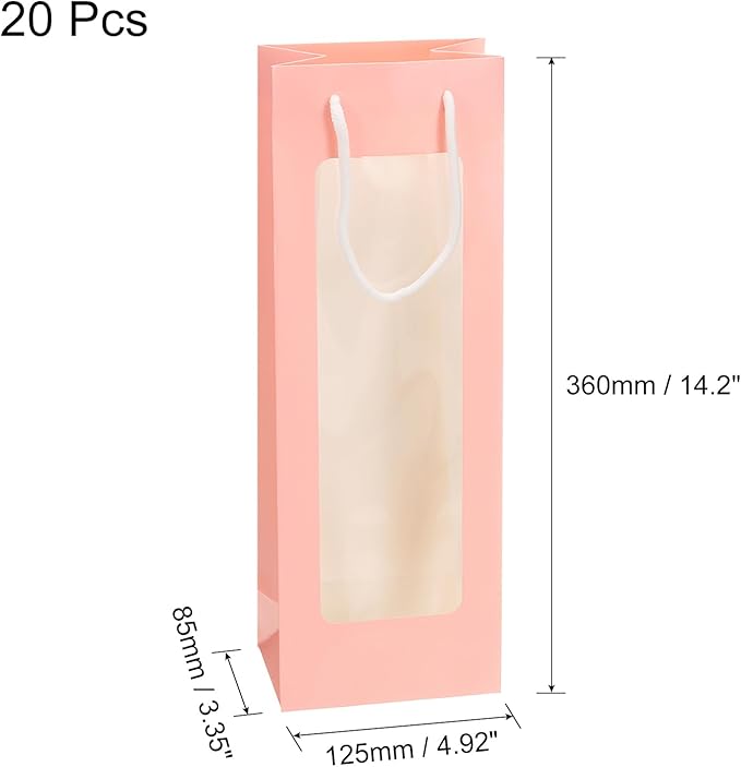 uxcell Wine Bags, 20pcs 4.92"x3.35"x14.2" Wine Gift Bags with Rope Handles, Paper Wine Tote Bag with Clear Window for Wedding Birthday Christmas Party Supplies, Pink