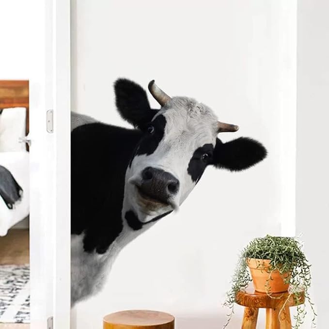 Funny Animal Wall Decal Peeking Cow Wall Sticker Vinyl Cute Animal Art Sticker Weird Stuff Wall Decor for Farmhouse Classroom Living Room Kitchen Decoration (Cow)