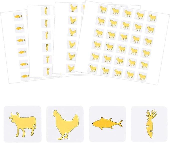 OLYCRAFT 2400Pcs 4 Styles Gold Meal Stickers 0.4 inch Cow/Fish/Chicken/Carrot Meal Choice Stickers Place Card Stickers Wedding Banquet Meal Indicator Stickers for Kitchen Sticker