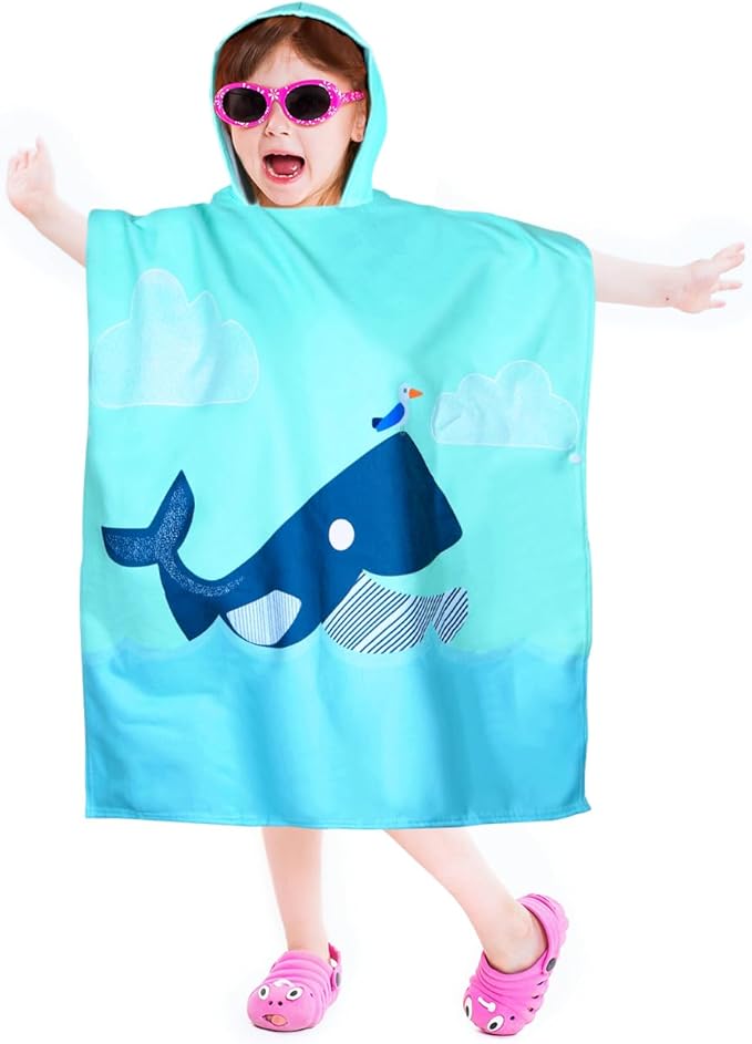 Kids Whale Hooded Beach Towel Boys Girls Cute Poncho Beach Pool Towels with Hood 24*62" Soft Microfiber Swim Cover-ups for Kids Ages 3-10 Thick Absorbent Cotton Hooded Bath Towels Bathrobe