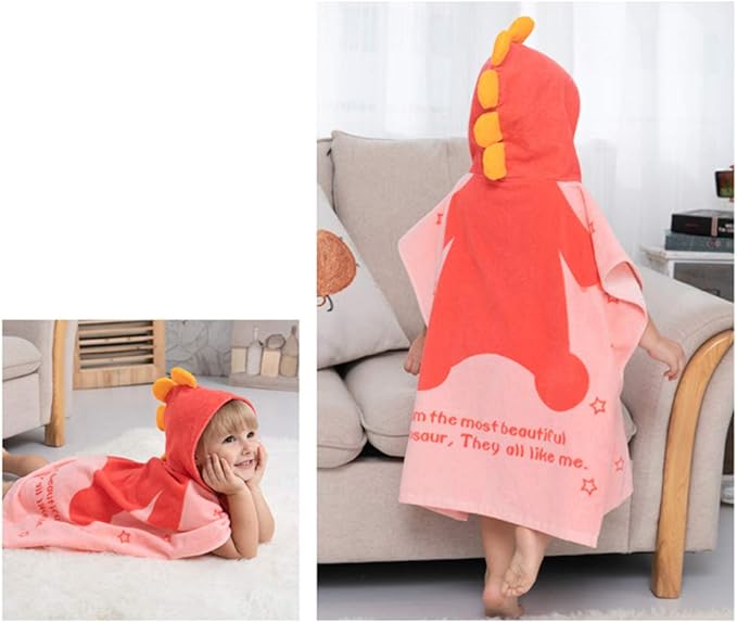 TONWHAR Kids Bath/Pool/Beach Hooded Poncho Towel-Cartoon Animal Pattern Cotton Beach Towel for Baby and Kids (Pink Dinosaur, 5-9 Years/Height:43.3"-51.2")