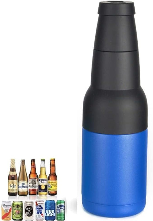 3 in 1 Beer Bottle and Can Cooler, Vacuum Insulated Double Walled Stainless Steel Cooler with Beer Opener, 12 oz Slim Can Insulator Holder (Dark blue)