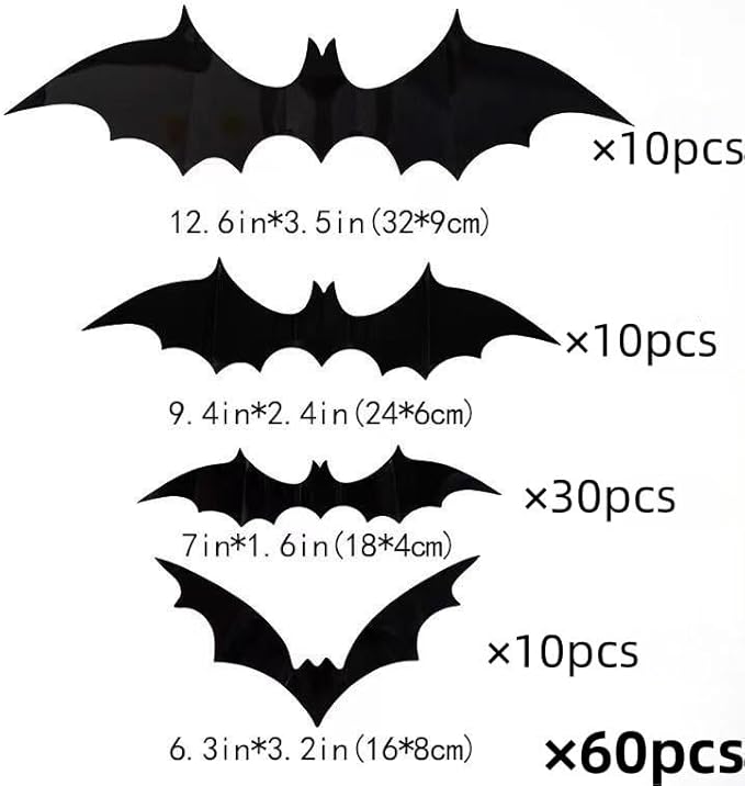 Halloween Wall Stickers 60 Pcs Bat Wall Decals Removable Bats Wall Decor Halloween Bat Window Stickers for Wall Glass Mirror Living Room Home Bathroom Kitchen School Halloween Decoration Clearance