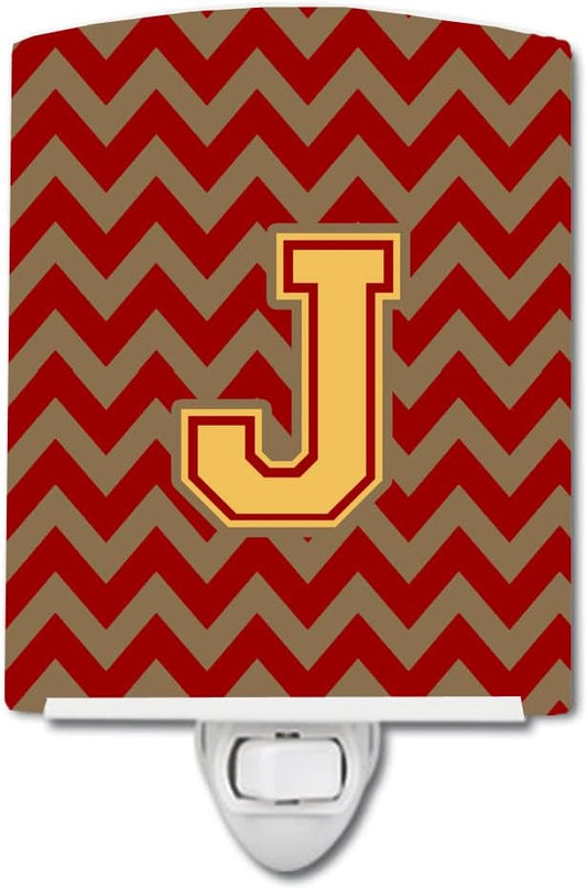 Caroline's Treasures CJ1048-JCNL Letter J Chevron Garnet and Gold Ceramic Night Light Compact, UL-Certified, Ideal for Bedroom, Bathroom, Nursery, Hallway, Kitchen, 6x4x3, Multicolor