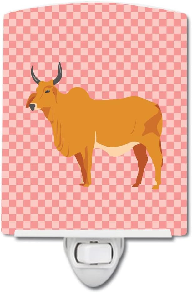 Caroline's Treasures BB7825CNL Zebu Indicine Cow Pink Check Ceramic Night Light Compact, UL-Certified, Ideal for Bedroom, Bathroom, Nursery, Hallway, Kitchen, 6x4x3, Multicolor