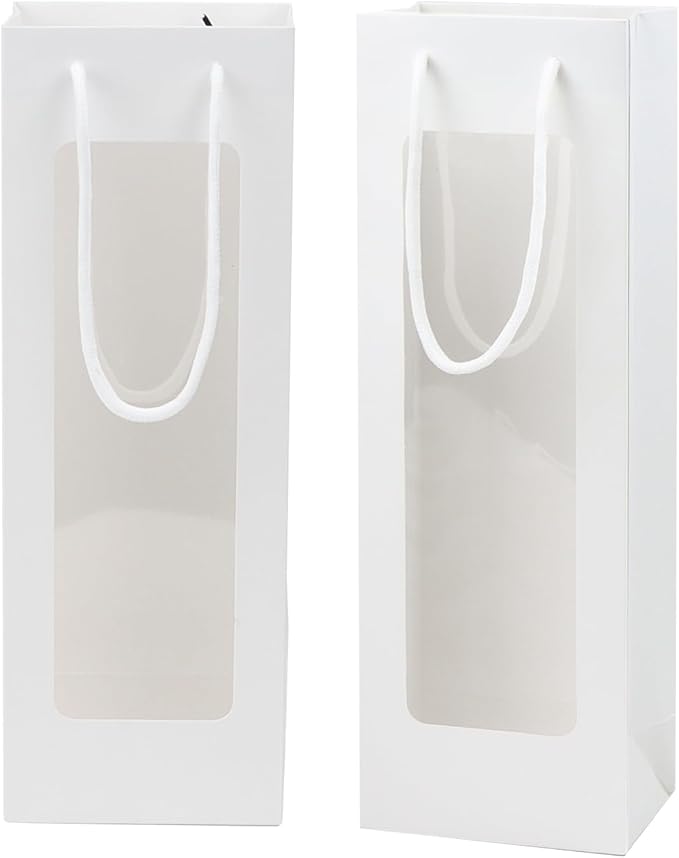 Ssyuysto 12 Pcs White Wine Gift Bags With Handle for Wine Bottles Gifts,4.9"x3.34"x14.1" Sturdy Kraft Paper Wine Bags With Window for Wedding Anniversary Birthday Party Christmas Thanksgiving