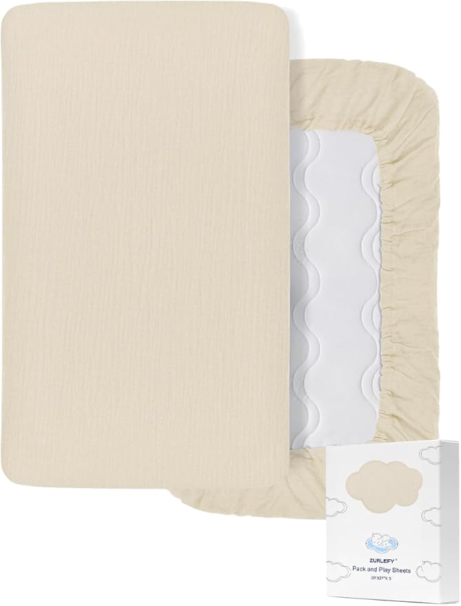 Neutral Muslin Cotton Small Pack n Play Mattress Pad Cover, 39"x27" Soft and Breathable Baby Sheets for Pack and Play, Beige Pack and Play Mattress Pad Sheets for Baby Unisex (46P-11)
