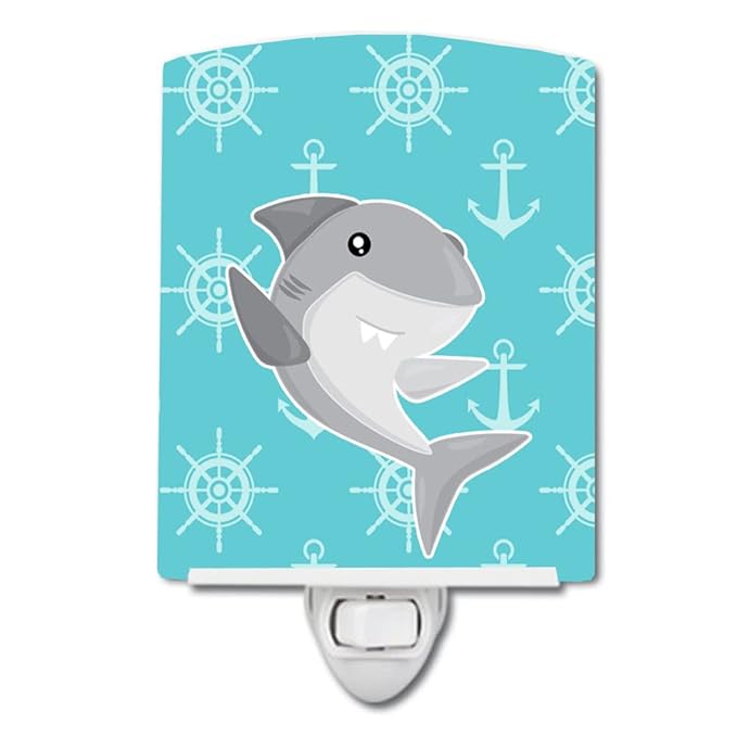 Caroline's Treasures BB6940CNL Shark on Blue Nautical Ceramic Night Light Compact, UL-Certified, Ideal for Bedroom, Bathroom, Nursery, Hallway, Kitchen, 6x4x3, Multicolor