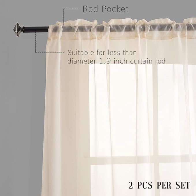 Beige Sheer Curtains 95 Inches long Panels Rod Pocket 2 Panels Translucent Solid Color Voile Beige Drapes for Bedroom Living Room 2 Panels 52x95