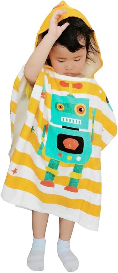 TONWHAR Kids Bath/Pool/Beach Hooded Poncho Towel-Cartoon Animal Pattern Cotton Beach Towel for Baby and Kids (Robot, 1-4 Years/Height:33.4"-43.3")