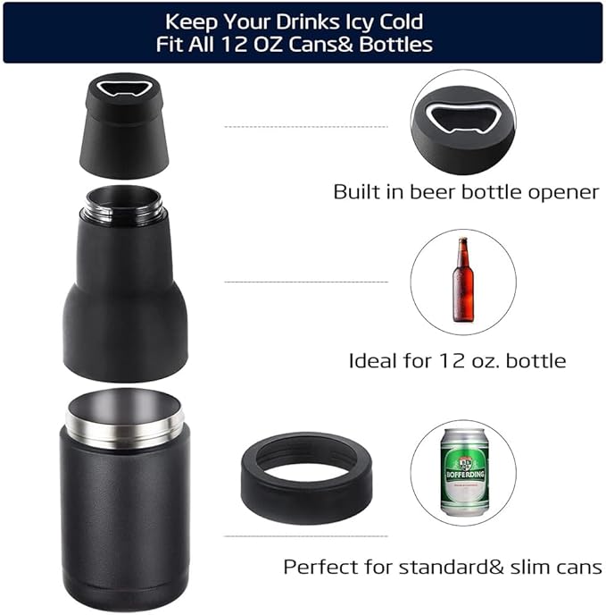 3 in 1 Beer Bottle and Can Cooler, Vacuum Insulated Double Walled Stainless Steel Cooler with Beer Opener, 12 oz Slim Can Insulator Holder (Rose red)