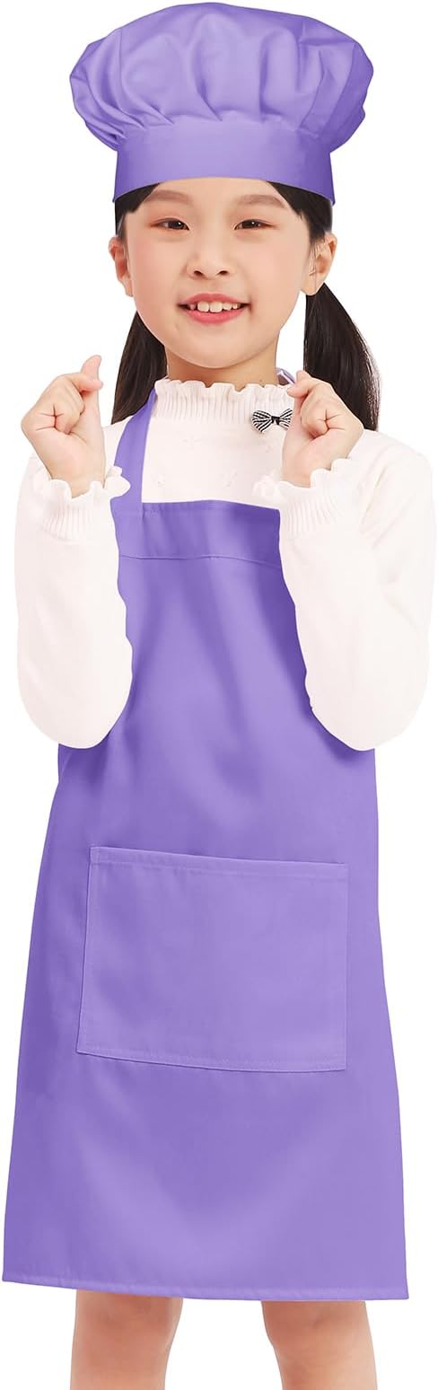 Kids Apron Chef Hat Set for Boys and Girls Adjustable Neck Strap Hook and Loop Fastener Design Waistband for Baking