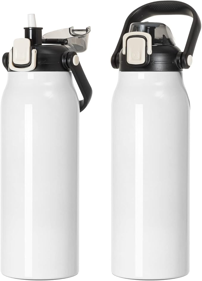 PYD Life Sublimation Water Bottles Vacuum Flasks 57 OZ White with Portable Sippy Up Lid and Straw Large Stainless Steel Travel Tumblers Cups Mugs for Tumbler Heat Press 2 Pack