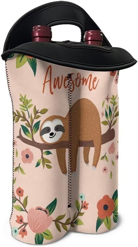 doginthehole Cute Sloth 2 Bottle Wine Carrier Tote Wine Bottle Insulated Sleeve for 750ML Portable Neoprene Wine Tote Holders Travel Picnic Party Champagne Carrier Bag with Handle
