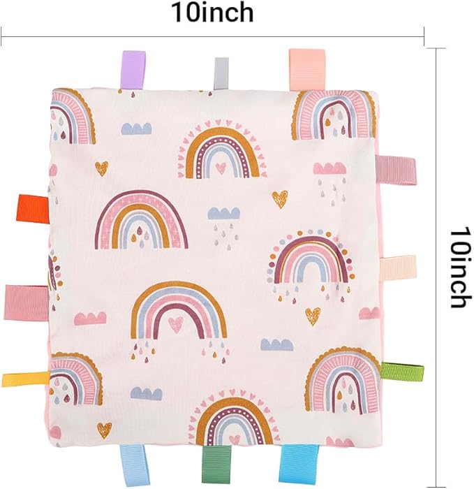 Baby Tags Security Blanket, Sensory Soothing Blanket with Tags,Dotted Backing Taggies Blanket for 3-12 Months Boys and Girls. (Rainbow)