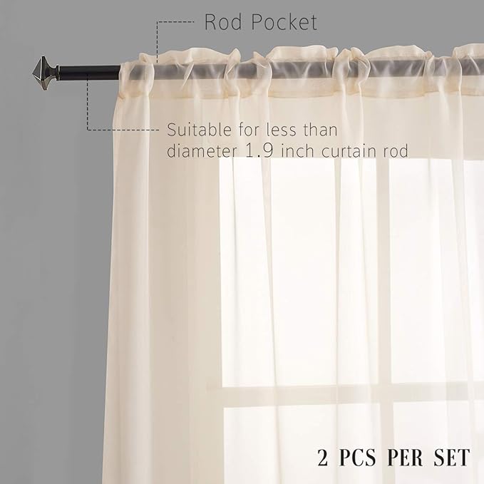Beige Sheer Voile Curtains Translucent Solid Color Window Treatment 72 Inches long Panels Rod Pocket Beige Drapes for Bedroom Living Room 2 Panels 52x72
