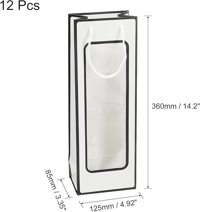 uxcell Wine Bags, 12pcs 4.92"x3.35"x14.2" Wine Gift Bags with Rope Handles, Paper Wine Tote Bag with Clear Window for Wedding Birthday Christmas, White Black