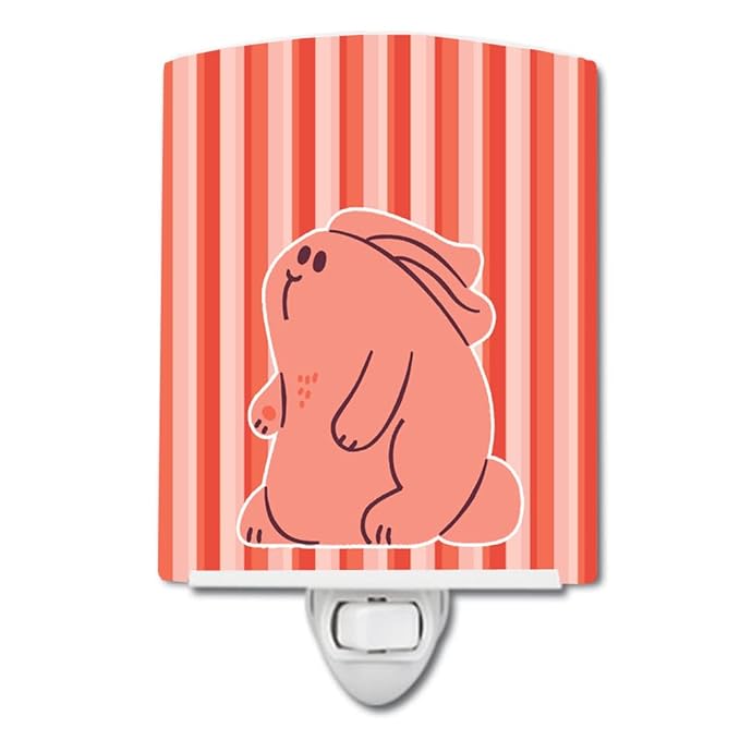 Caroline's Treasures BB7080CNL Rabbit on Pink Stripes Ceramic Night Light Compact, UL-Certified, Ideal for Bedroom, Bathroom, Nursery, Hallway, Kitchen, 6x4x3, Multicolor