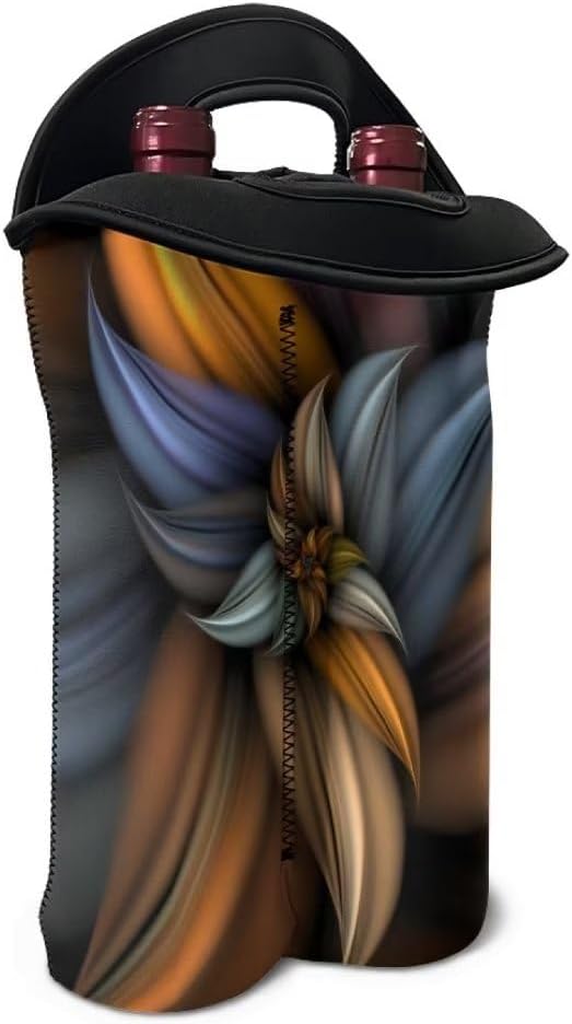 doginthehole Brown Flowers Champagne Carrier Bag 2 Bottle Insulated Wine Tote Cooler Bag with Handle Boho Blossom Print Neoprene Wine Bottle Totes Holder Drinks Carriers Bag Case for Travel Beach