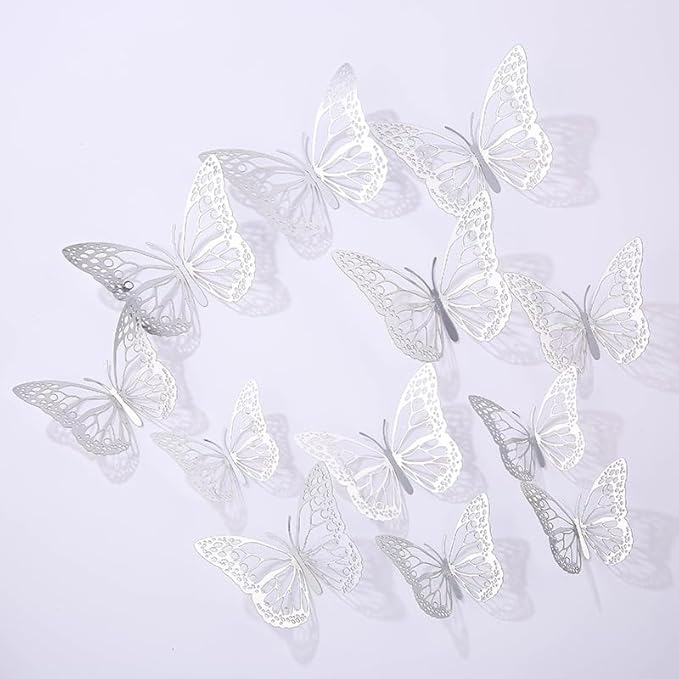 3D Butterfly Wall Decor 48 Pcs 4 Styles 4 Colors 3 Sizes,Gold Silver Laser Rose Butterfly Decorations for Butterfly Birthday Decorations Butterfly Party Decorations Cake Decorations,Removable Sticker