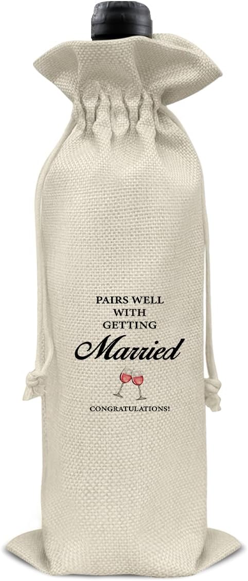 HOIJAUMAI Wedding Gift Wine Bag, Wedding Gift for Mr and Mrs, Engagement Gifts for Couples, Pairs Well with Getting Marriage Burlap Drawstring Wine Bag