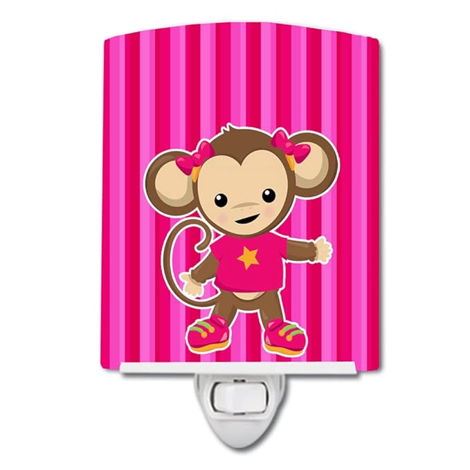 Caroline's Treasures BB7020CNL Monkey on Pink Stripes Ceramic Night Light Compact, UL-Certified, Ideal for Bedroom, Bathroom, Nursery, Hallway, Kitchen, 6x4x3, Multicolor