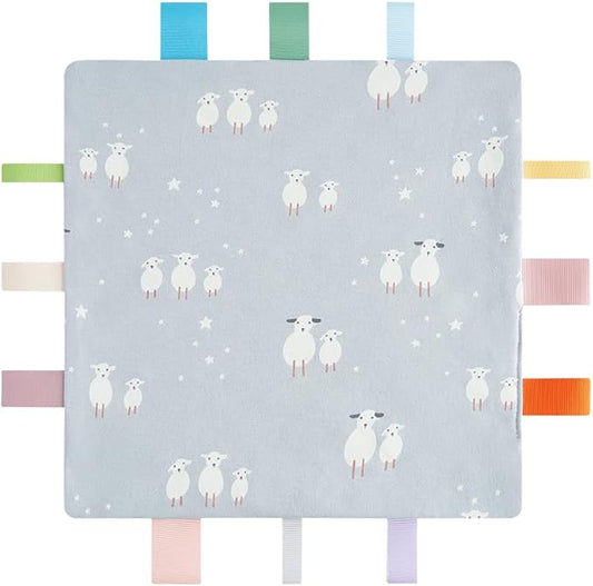 Baby Tags Security Blanket, Sensory Soothing Blanket with Tags,Dotted Backing Taggies Blanket for 3-12 Months Boys and Girls. (Sheep)