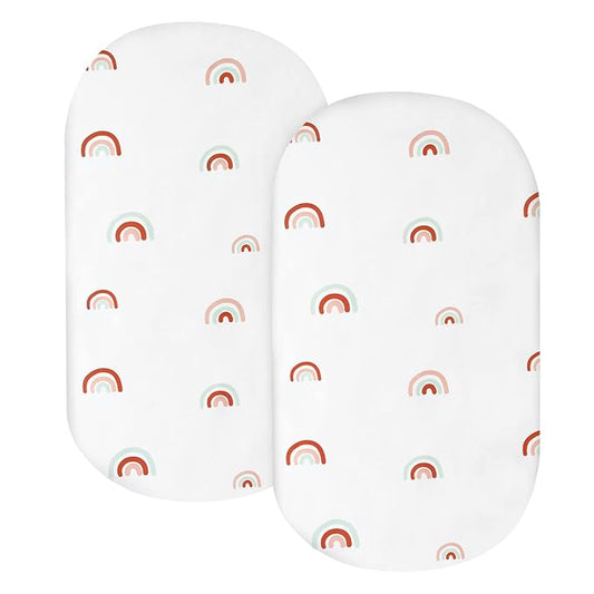 Bassinet Sheets for Baby Girl Boy 2 Pack Bassinet Sheet Fitted Boho Cradle Sheets for Oval Rectangle and Hourglass Bassinet Mattress, Rainbow