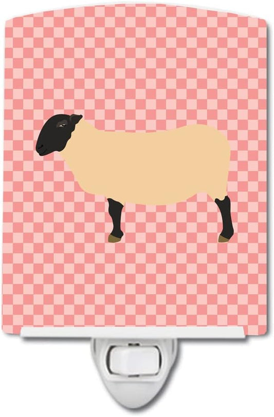 Caroline's Treasures BB7972CNL Suffolk Sheep Pink Check Ceramic Night Light Compact, UL-Certified, Ideal for Bedroom, Bathroom, Nursery, Hallway, Kitchen, 6x4x3, Multicolor