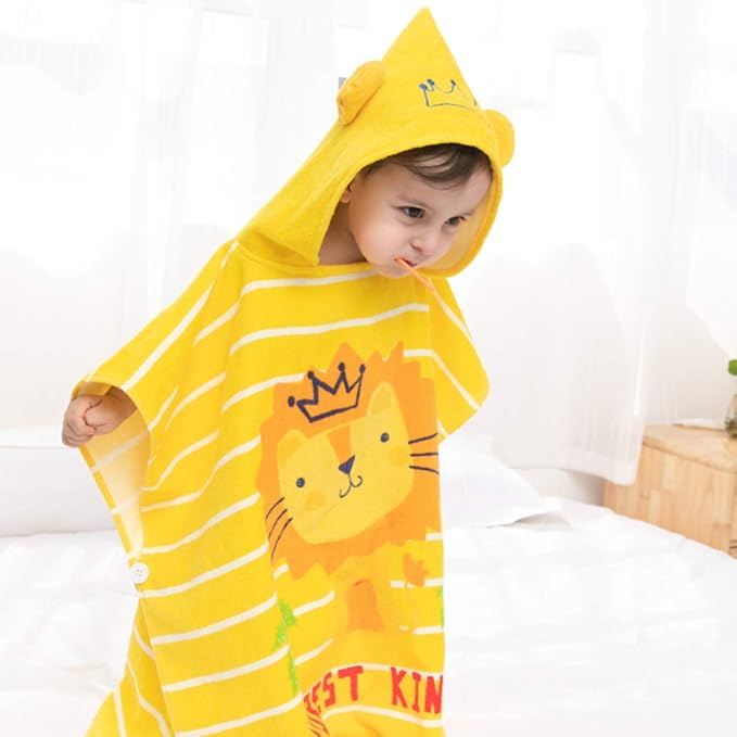 TONWHAR Kids Bath/Pool/Beach Hooded Poncho Towel-Cartoon Animal Pattern Cotton Beach Towel for Baby and Kids (Lion, 1-4 Years/Height:33.4"-43.3")