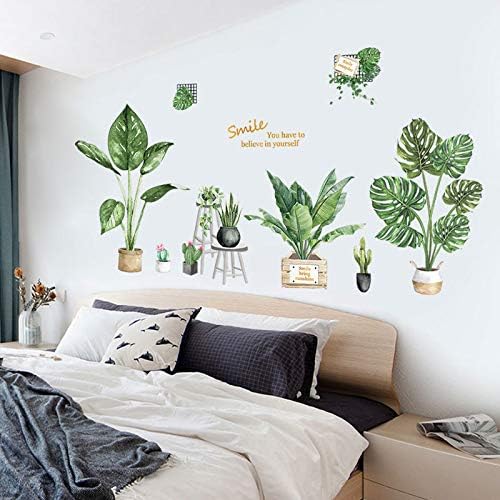 Green Plants Wall Stickers - SHCHA Tropical Plants Removable Wall Decals for Family Living Room Background Wall Decoration Kids Bedroom Kitchen Office Nursery Room Potted Wallpaper