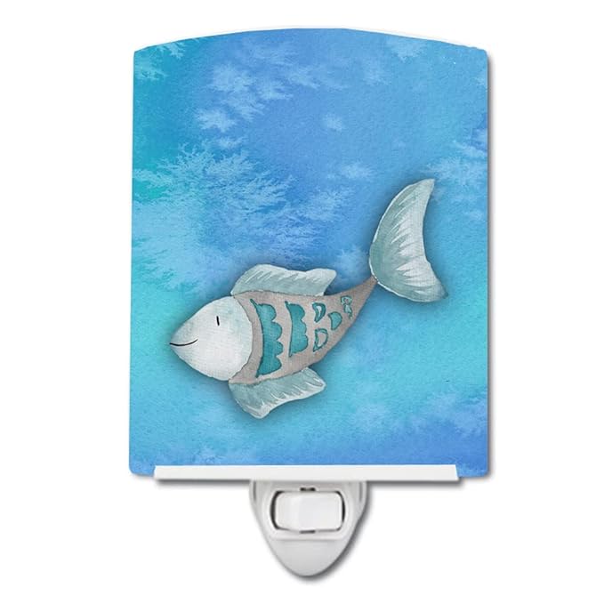Caroline's Treasures BB7386CNL Blue Fish Watercolor Ceramic Night Light Compact, UL-Certified, Ideal for Bedroom, Bathroom, Nursery, Hallway, Kitchen, 6x4x3, Multicolor