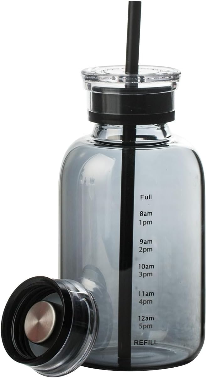 Glass water bottle With Time Marker -15oz with 2 caps and straw,Reusable Glass Drinking Bottles，Suitable For Drinks, Juices, Sodas, Coke, As Gifts Etc (Smoky 15oz)