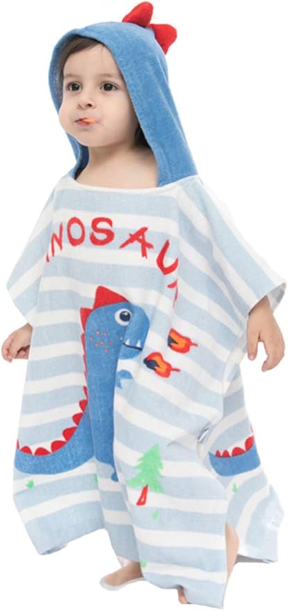 TONWHAR Kids Bath/Pool/Beach Hooded Poncho Towel-Cartoon Animal Pattern Cotton Beach Towel for Baby and Kids (Dinosaur, 1-4 Years/Height:33.4"-43.3")