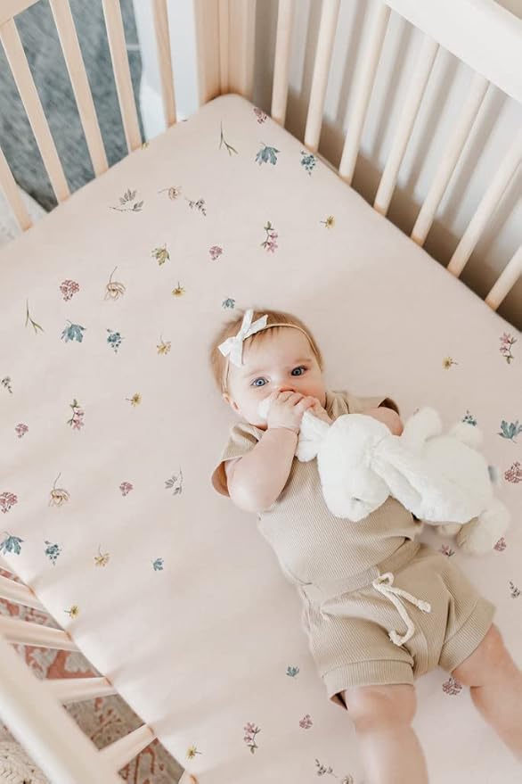 TotAha Premium Stretchy Crib Sheets (2-Pack)-Hypoallergenic, Silky Comfort, Buttery Soft, Calming Effect, All-Season Jersey-Knit Sheets, 28 X 52 X 9'' (Blue Flower & Small Floral)