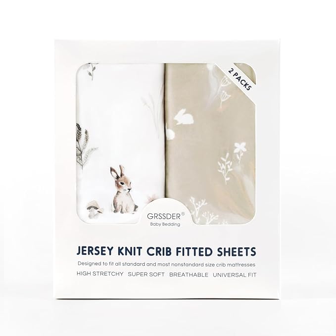 GRSSDER Stretch Ultra Soft Jersey Knit Fitted Crib Sheets Set 2 Pack，Fit All Standard Crib Mattress Pads Safe and Snug, Crib Fitted Sheet for Boys and Girls, Stylish Watercolor Rabbit Pattern