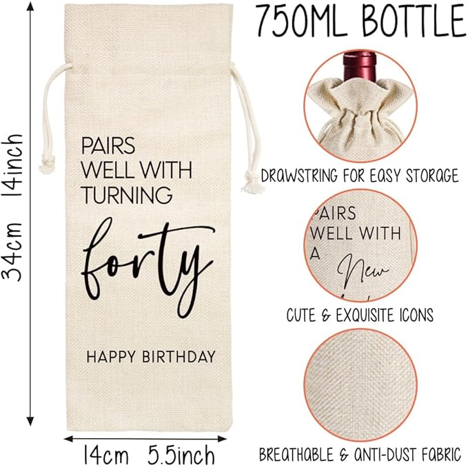 Qubereeree Pairs Well with Turning 40 Wine Bag 40th Birthday Gifts Funny 40 Years Ago Birthday Party Decorations Wine Bags for Mom Grandma Coworker, Happy 40th Birthday Gifts-14