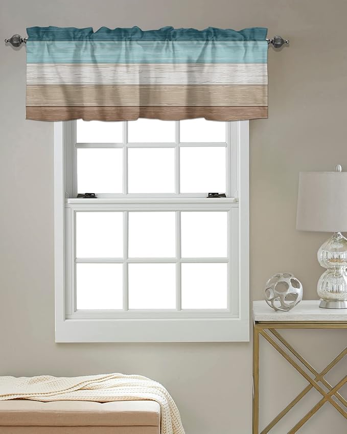 Farmhouse Kitchen Curtains Valances for Windows ,Teal Blue Brown Beach Rod Pocket Country Window Treatment for Kitchen /Living Room/Bedroom/ Bathroom,42" X 12" -1 Panel, Retro Rustic Barn Wood Texture