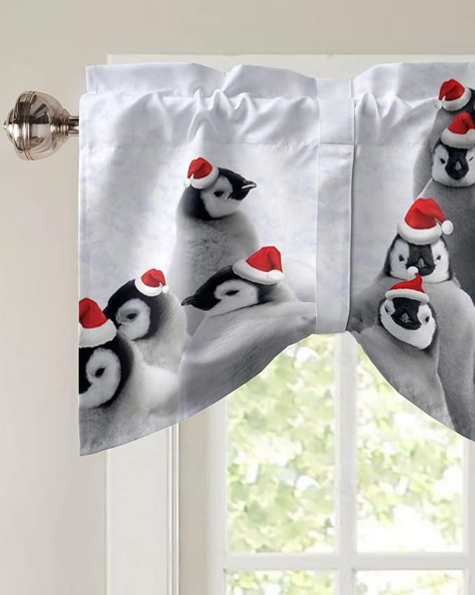 Funny Penguin with Christmas Hat Blackout Tie Up Valance Curtains for Kitchen Windows Winter Holidays Window Toppers Balloon Shades for Living Room/Bathroom/Bedroom,1 Panel,60" X 18"