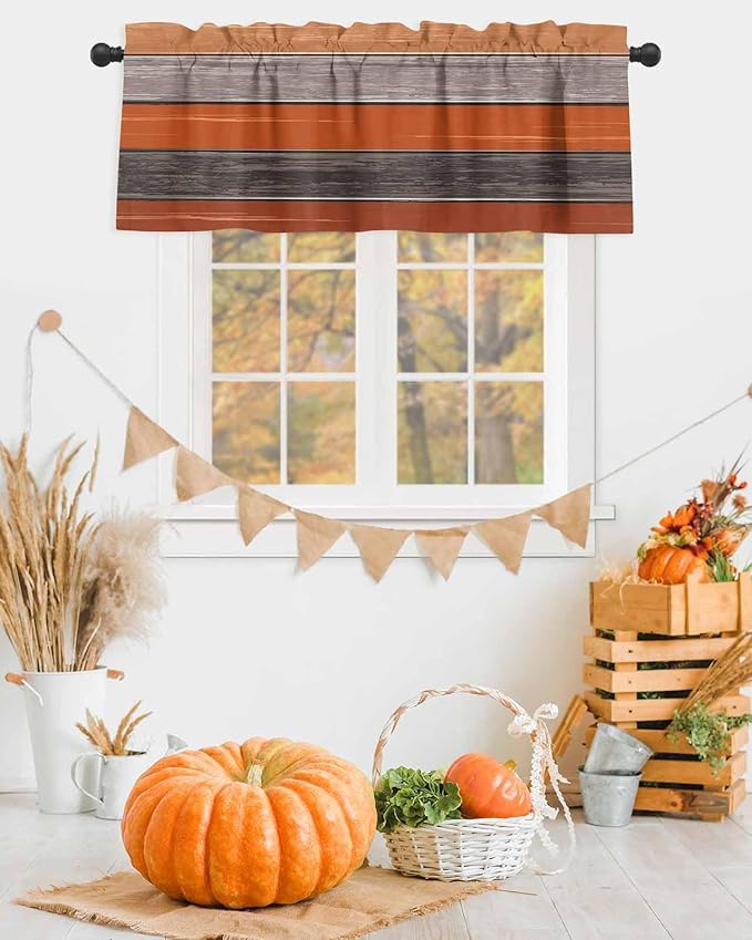 Farmhouse Kitchen Curtains Thanksgiving Fall Valances for Windows Burnt Orange Gray Rod Pocket Country Window Treatment for Kitchen /Living Room/Bedroom/ Bath,42" X 18" -1 Panel, Rustic Wood Texture