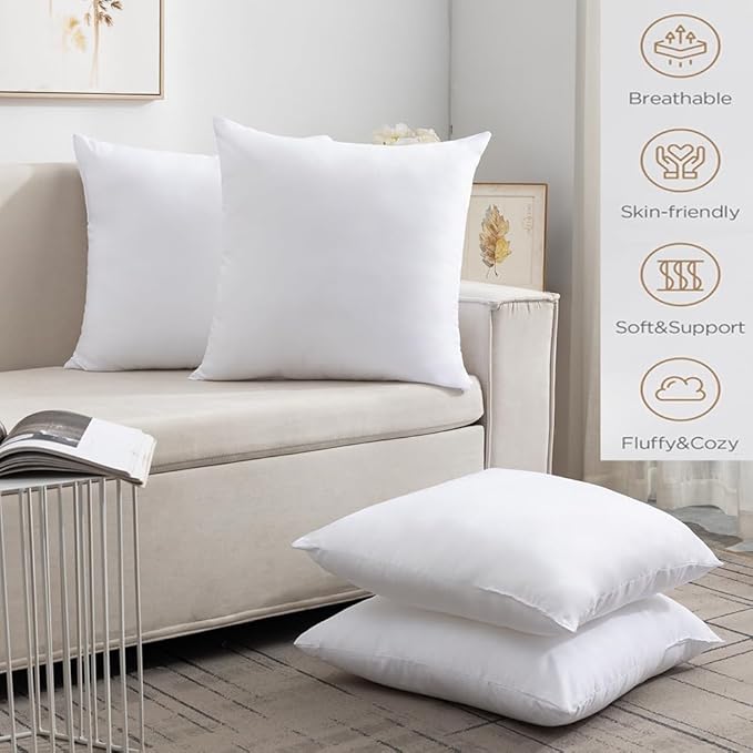Pack of 4 Throw Pillow Inserts, 18 x 18 Square Cushion Inner Soft Fluffy Plump Stuffer Cushion Pads White Decorative Pillow Inserts (20x20 Inch (Pack of 4))