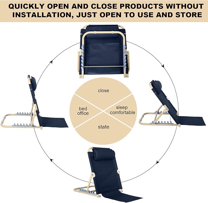 Lifting Bed Backrest Portable Folding Adjustable Sit up Back Rest Multifunction Chair for Bed Change Angle of Backrest for Elderly Patients Back Neck Lumbar Support (Dark Blue,23.6 Inch)