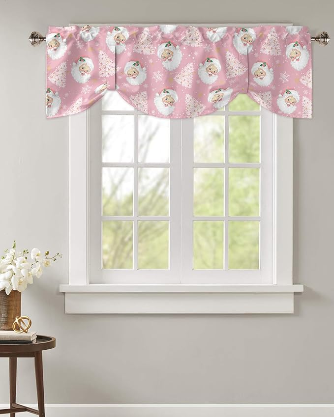 Pink Christmas Blackout Tie Up Valance Curtains for Kitchen Windows Santa Claus Merry Christmas Tree Window Toppers Balloon Shades for Living Room/Bathroom/Bedroom,1 Panel, 54" X 18", Winter Snowflake
