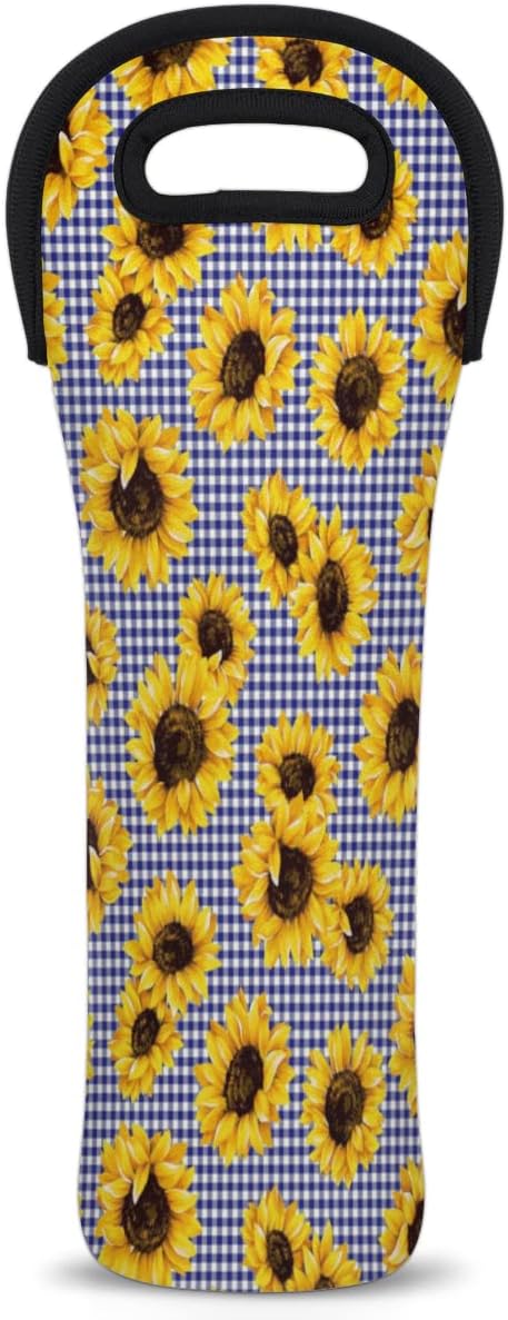 Sunflower Checked Single Bottle Wine Gift Tote Carrier Neoprene Wine Tote Bags Holder Cooler Wine Lover Gift