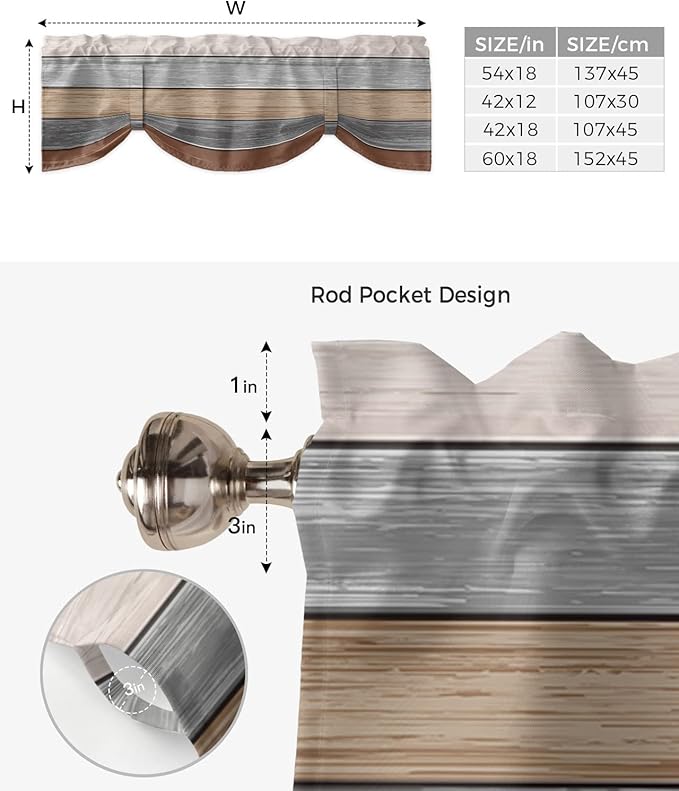 Farmhouse Fall Blackout Tie Up Valance Curtains for Kitchen Windows, Brown Grey Window Toppers Balloon Shades for Living Room/Bathroom/Bedroom,1 Panel,42" X 12" Retro Rustic Barn Wood Texture