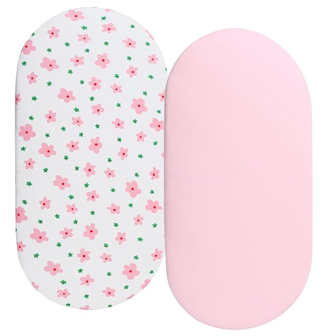 Bassinet Sheets Compatible with Baby Delight Go with Me Slumber Bassinet/Beside Me Doze Deluxe Bedside Bassinet, 2 Pack, 100% Jersey Knit Cotton 190GSM, Ultra Soft Breathable, Floral and Pink