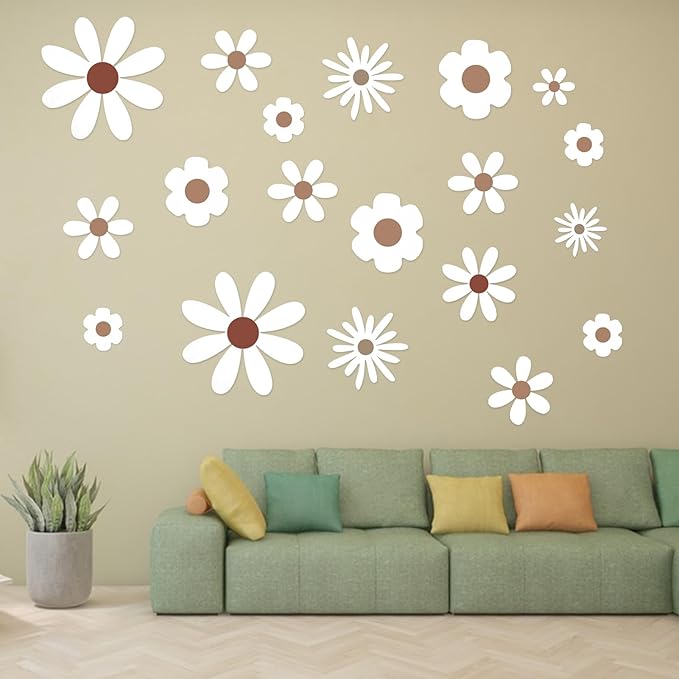 Daisy Wall Decals Flower Wall Stickers, Big Daisy Stickers Floral Decor Peel and Stick for Girls Kids Bedroom Nursery Playroom Living Room (White)