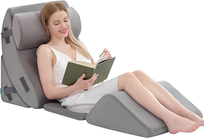 BDEUS 5pcs Orthopedic Bed Wedge Pillow Set, Memory Foam Wedge Pillow for Sleeping, Knee, Lumbar and Back Support Adjustable Bed Pillow, Deep Grey