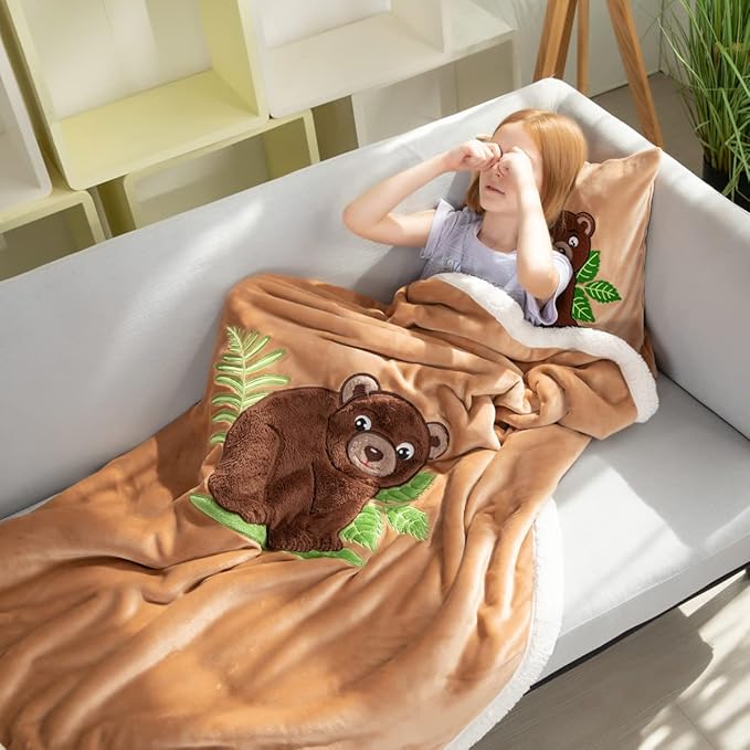 COSUSKET Kids Brown Bear Throw Blanket, 3D Animal Embroidery Sherpa Blanket Girls Boys Gifts